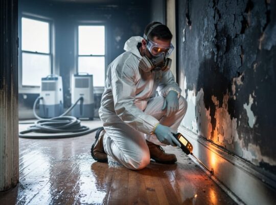 Restoration professional in protective gear testing moisture along a charred living room wall with pooled water on the floor and dehumidifiers and hoses in the background.