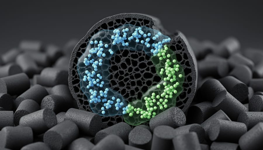 Extreme close-up of activated carbon granules showing porous surface texture
