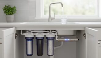 Under-sink multi-stage water filtration unit with transparent sediment, carbon, and membrane canisters plus a slim UV chamber, while a chrome faucet pours clear water into a glass on a kitchen countertop.