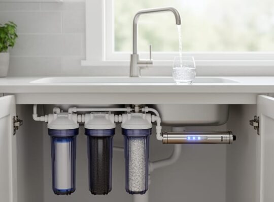 Under-sink multi-stage water filtration unit with transparent sediment, carbon, and membrane canisters plus a slim UV chamber, while a chrome faucet pours clear water into a glass on a kitchen countertop.