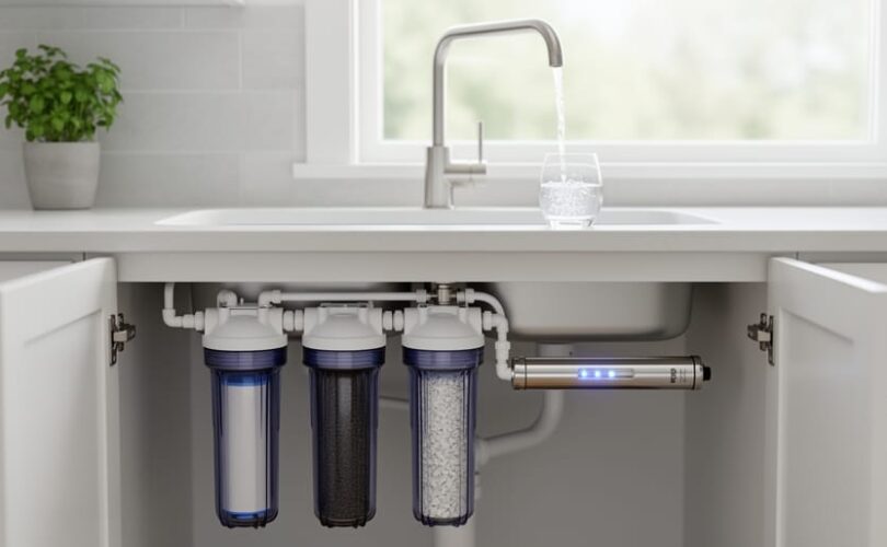 Under-sink multi-stage water filtration unit with transparent sediment, carbon, and membrane canisters plus a slim UV chamber, while a chrome faucet pours clear water into a glass on a kitchen countertop.