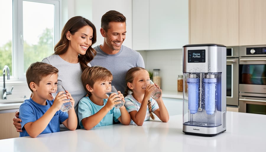 Family enjoying pure drinking water together in modern kitchen