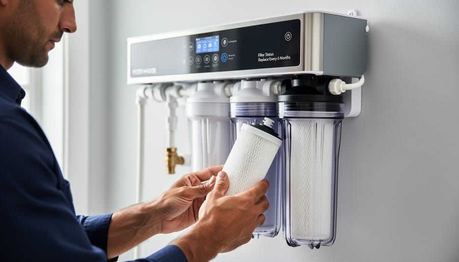 Person's hands replacing water filter cartridge in under-sink filtration system