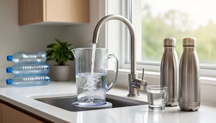 Clear filtered water being poured from glass pitcher into drinking glass