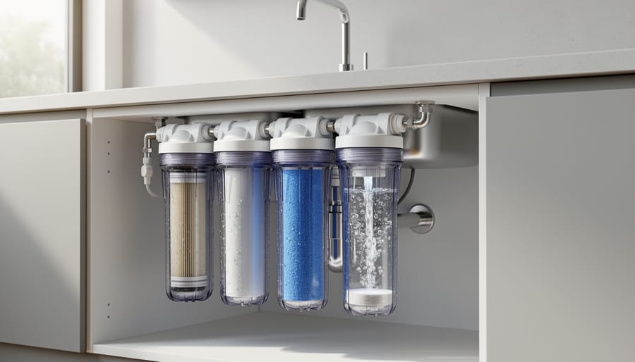 Modern under-sink water filtration system with multiple clear filter stages