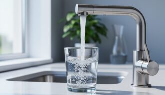 Close-up of clear water pouring from a stainless-steel kitchen faucet into a glass, with tiny sparkling microbubbles, in a bright modern kitchen with soft daylight and blurred greenery.