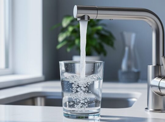 Close-up of clear water pouring from a stainless-steel kitchen faucet into a glass, with tiny sparkling microbubbles, in a bright modern kitchen with soft daylight and blurred greenery.