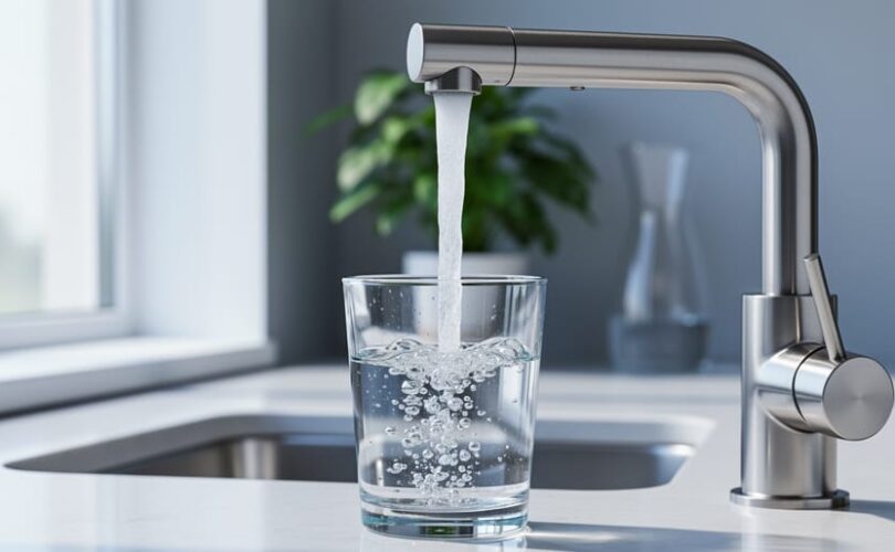 Close-up of clear water pouring from a stainless-steel kitchen faucet into a glass, with tiny sparkling microbubbles, in a bright modern kitchen with soft daylight and blurred greenery.