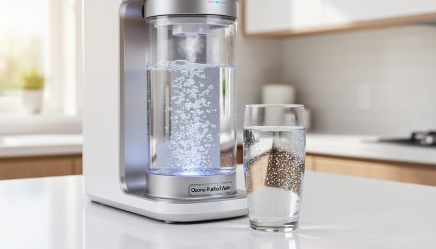 Clear glass being filled with fresh water from kitchen tap showing oxygen bubbles