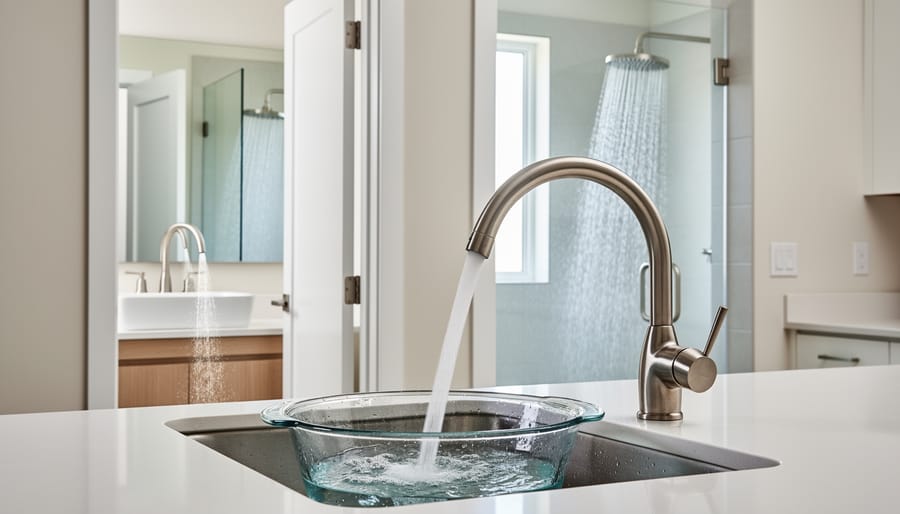 Clear water flowing from a chrome kitchen or bathroom faucet in a modern home bathroom setting