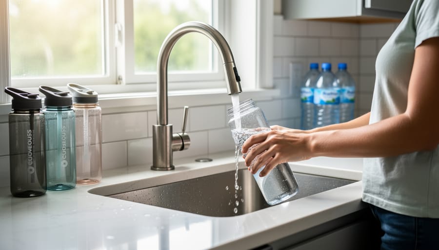 Glass bottle being filled with clean water from a kitchen tap during refill
