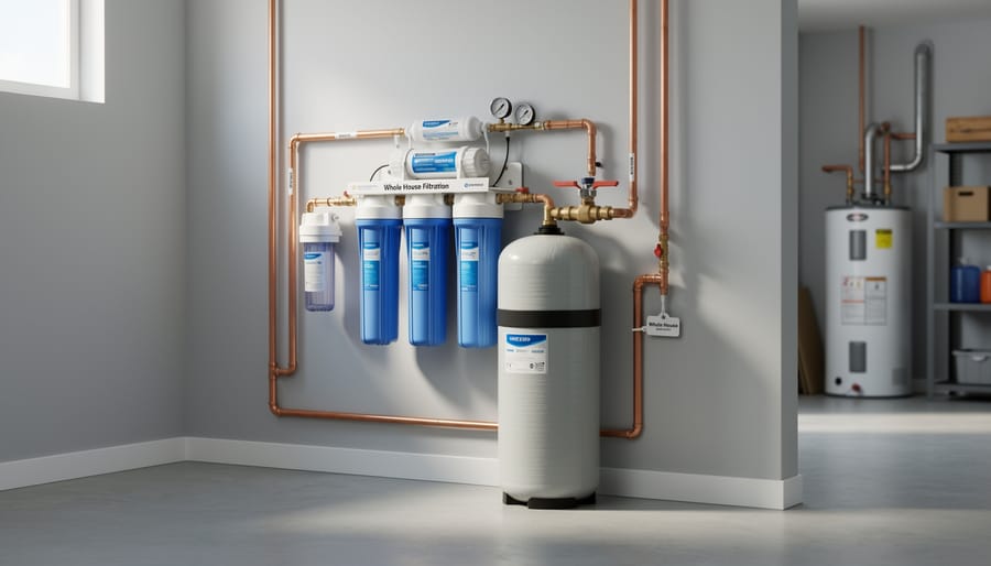 Technician’s hands near an installed whole-house water filtration unit in a home utility room