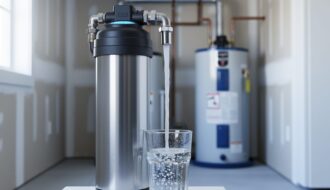 Stainless whole-house water filtration unit in a home utility closet with a clear stream of water pouring into a glass.