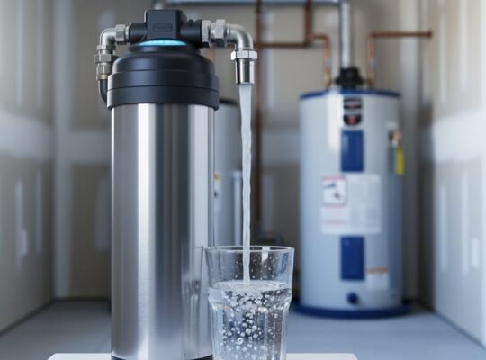Stainless whole-house water filtration unit in a home utility closet with a clear stream of water pouring into a glass.