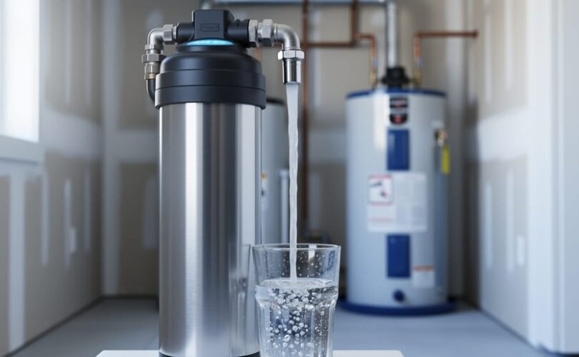 Stainless whole-house water filtration unit in a home utility closet with a clear stream of water pouring into a glass.
