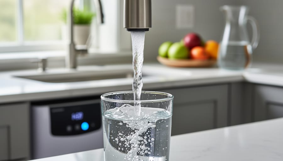 Clear water being poured into a reusable glass next to a countertop filtration unit