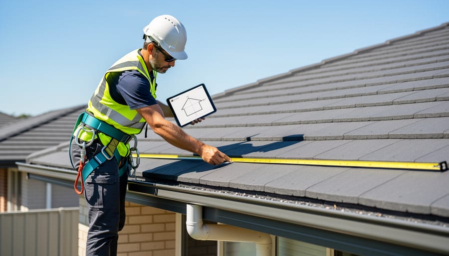 Hands measuring a roof gutter with a tape measure to estimate rainwater catchment area.