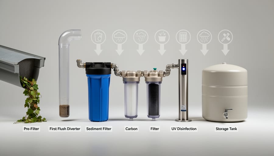 Rainwater filtration equipment installed near a storage tank with visible piping and a pressure gauge.