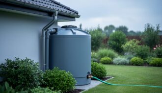 Rainwater collection setup with roof gutters draining into a covered storage tank and water directed toward garden irrigation.