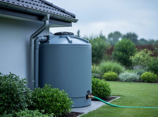 Rainwater collection setup with roof gutters draining into a covered storage tank and water directed toward garden irrigation.