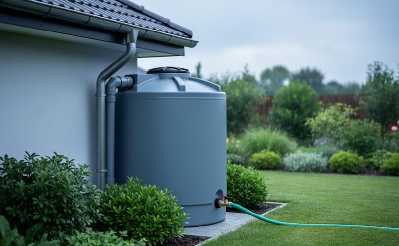 Rainwater collection setup with roof gutters draining into a covered storage tank and water directed toward garden irrigation.