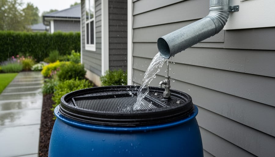 Rainwater pouring from a downspout into a covered storage tank under a house eave.
