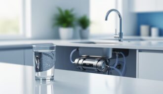 Modern under-sink water filtration system with tubing and a glass of clear water on a kitchen counter