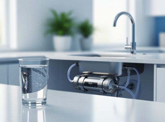 Modern under-sink water filtration system with tubing and a glass of clear water on a kitchen counter