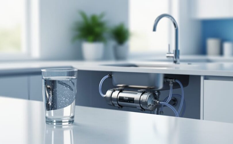 Modern under-sink water filtration system with tubing and a glass of clear water on a kitchen counter