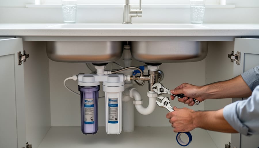 Under-sink water filtration system components visible beneath a kitchen cabinet