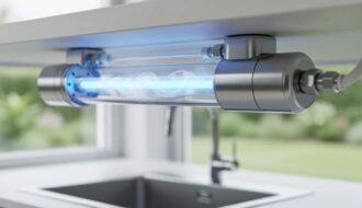 Close-up of a modern water treatment unit with a glowing UV chamber and clean water flow in a residential setting.