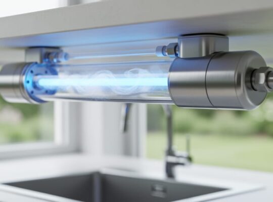 Close-up of a modern water treatment unit with a glowing UV chamber and clean water flow in a residential setting.