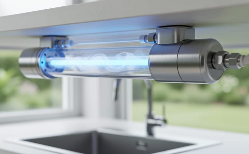 Close-up of a modern water treatment unit with a glowing UV chamber and clean water flow in a residential setting.