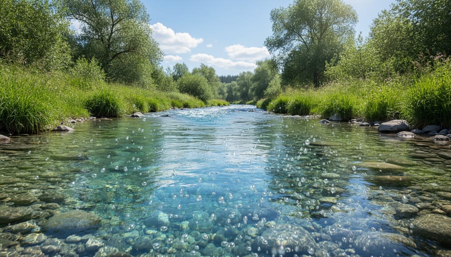 Clear stream flowing over smooth stones with a natural riverbank in the background