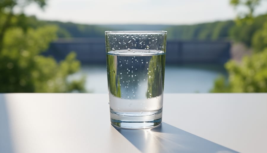 Clear water flowing from a kitchen faucet into a glass with soft natural light.