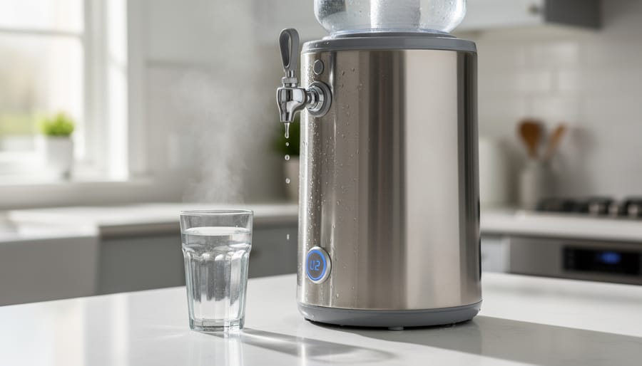 Stainless-steel countertop water distiller next to a glass beaker filled with clear distilled water