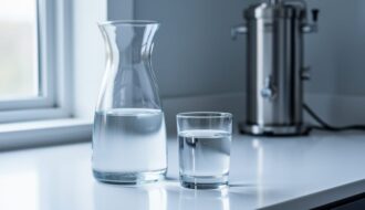Glass of clear distilled water on a clean countertop with a softly blurred distillation device in the background.