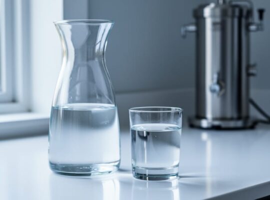 Glass of clear distilled water on a clean countertop with a softly blurred distillation device in the background.