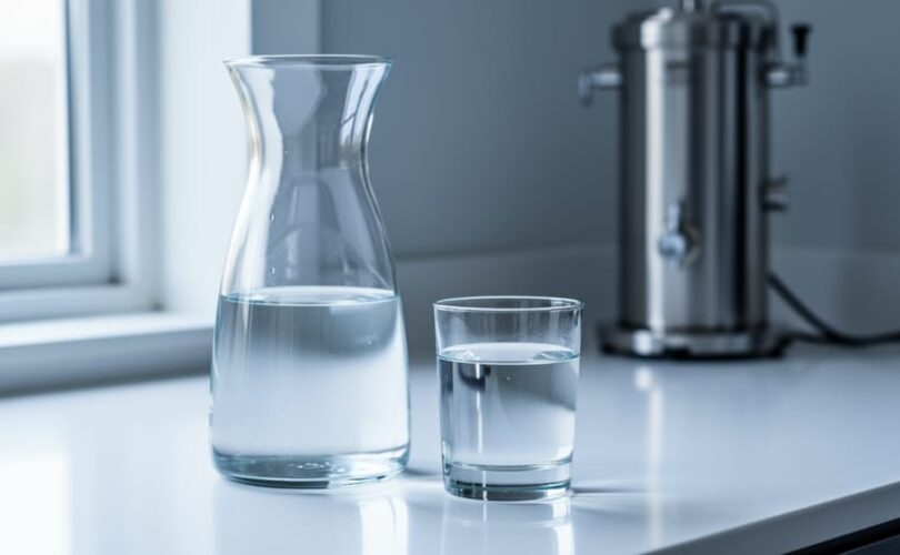 Glass of clear distilled water on a clean countertop with a softly blurred distillation device in the background.