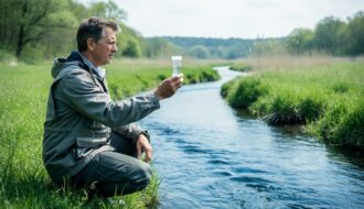 Environmental scientist holding a sealed water sample container beside a clear stream in a lush riparian habitat, representing clean water and sustainability efforts.