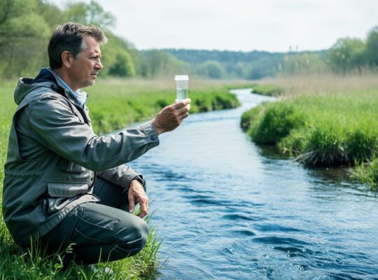 Environmental scientist holding a sealed water sample container beside a clear stream in a lush riparian habitat, representing clean water and sustainability efforts.