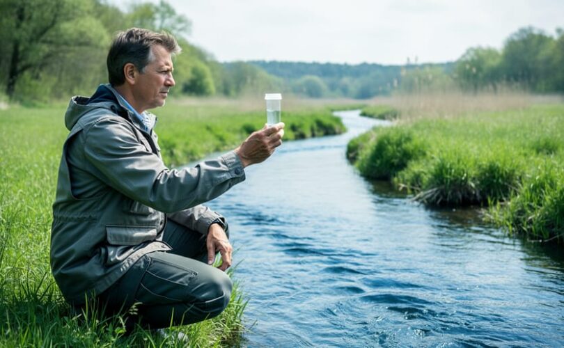 Environmental scientist holding a sealed water sample container beside a clear stream in a lush riparian habitat, representing clean water and sustainability efforts.
