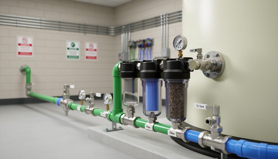 Close-up of mesh screen and pre-filtration components connected to a rainwater inlet system