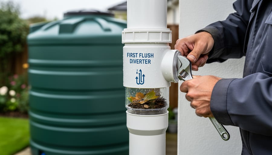 Close-up of hands attaching a first-flush diverter and PVC fittings to a home downspout.