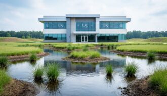Modern field office overlooking a wetland restoration landscape with water channels and native grasses under a clear sky.