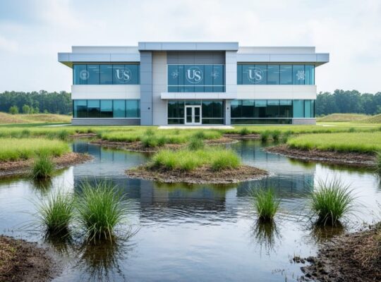 Modern field office overlooking a wetland restoration landscape with water channels and native grasses under a clear sky.