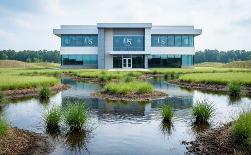 Modern field office overlooking a wetland restoration landscape with water channels and native grasses under a clear sky.