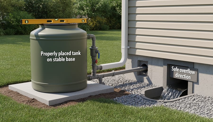 Rainwater storage barrel installed on a level concrete-block base with an overflow pipe directed away from the foundation.