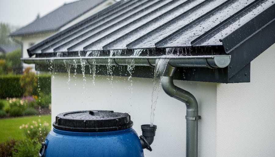 Rainwater flowing through a house gutter and downspout toward a rain barrel collection system.