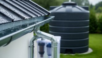 “Roof gutters and downspout directing rainwater into a filtration unit and large storage tank for a residential rainwater harvesting system.”